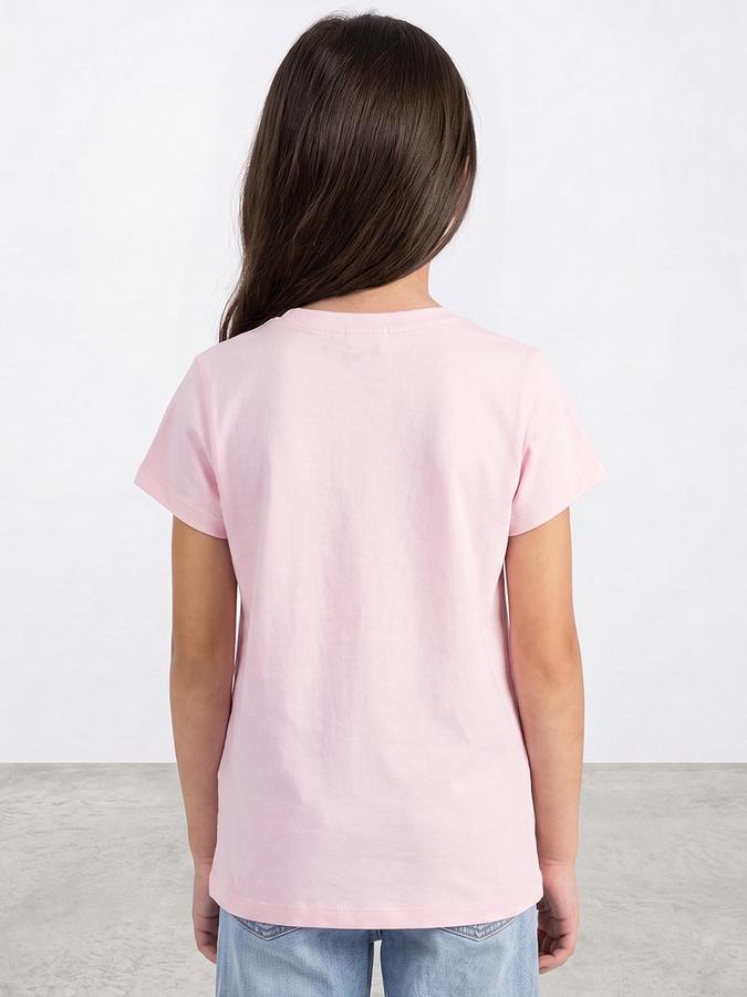 R&B Girls Pink Glitter Graphic Print Short Sleeves Round Neck Pure Cotton T-Shirt
