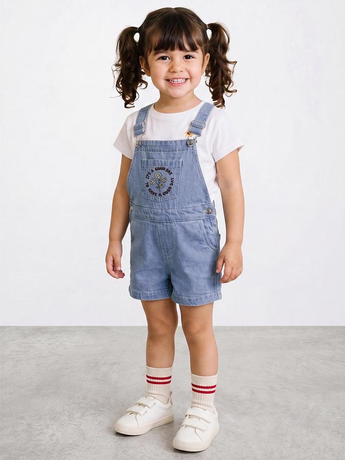 R&B Girls Blue Floral Embroidered Short Dungarees