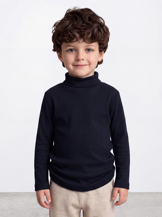 R&B Boys Navy Blue Solid High Neck Long Sleeves Pure Cotton T-shirt