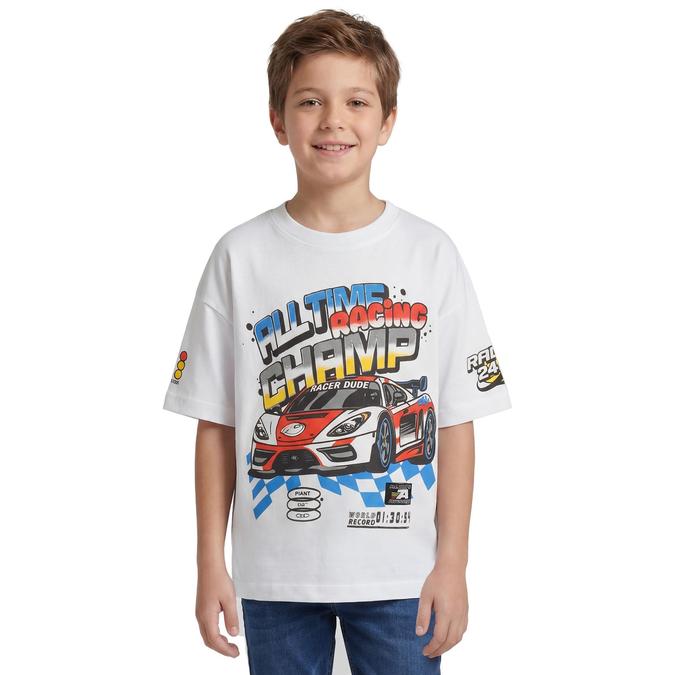 R&B Boy White Cotton Printed Round Neck T-Shirt