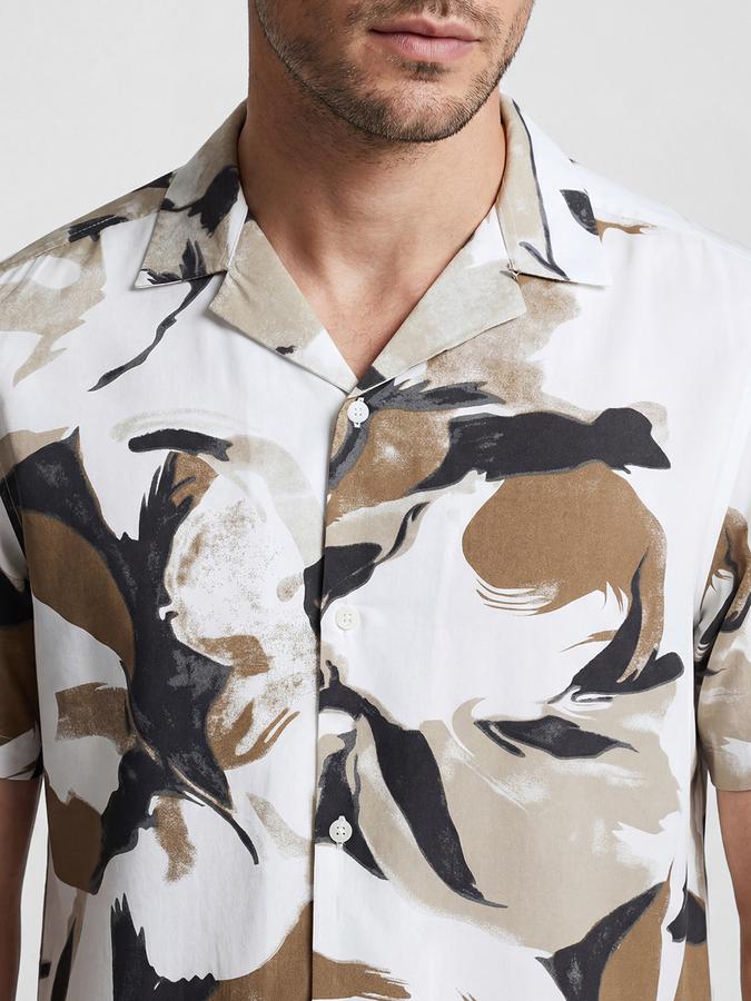 R&B Ivory Abstract Printed Men Cuban Collar Short Sleeves Shirt
