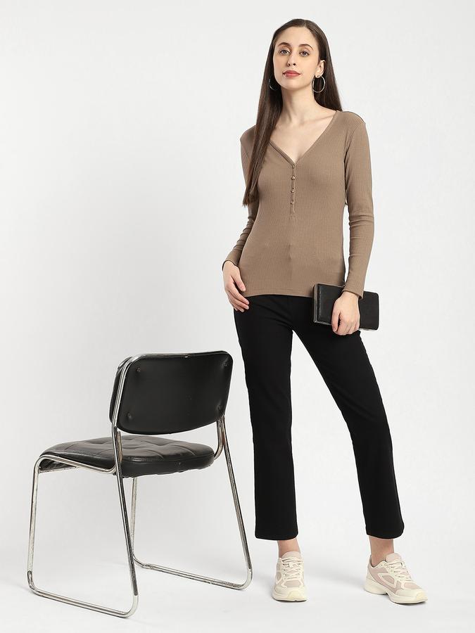 Women Cotton Regular Fit V-Neck Solid Top