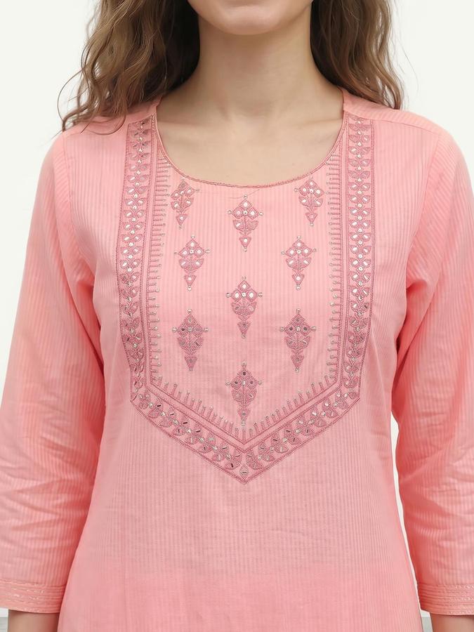 R&B Women Peach Embroidered Round Neck Three-Quarter Sleeves Calf Length Straight Kurta 