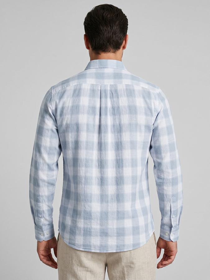 R&B Blue Checked Men Spread Collar Long Sleeves Shirt