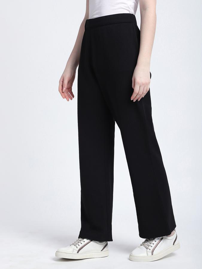 R&B Women Black Solid Wide-Leg Trousers