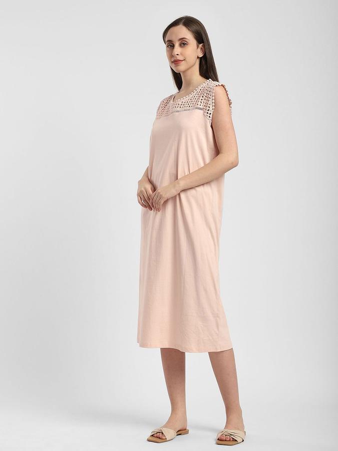 R&B Women Pink Solid Sleeveless Round Neck Midi Shift Dress