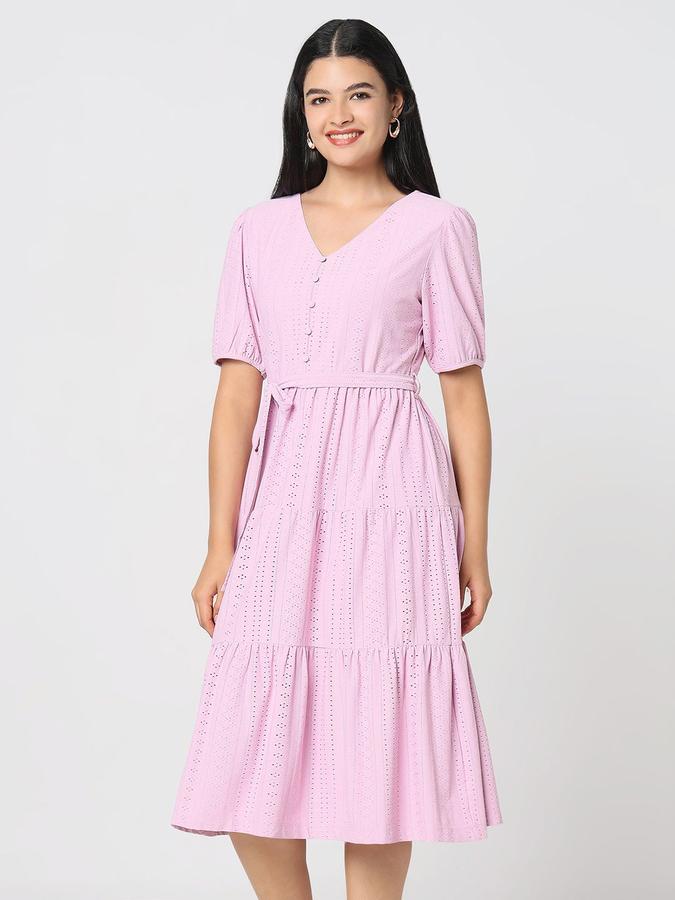 R&B Women Lilac Self Design Half Sleeves V-Neck Knee Length A-Line Dress