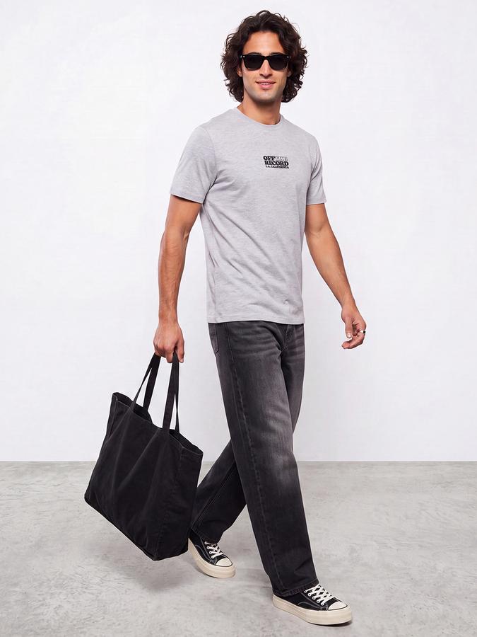 R&B Men Grey Melange Typographic Print Short Sleeves Pure Cotton Tshirt