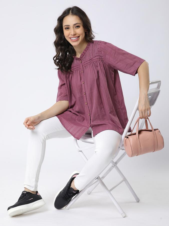 Women Cotton Relaxed Fit Ruffled Collar Ruffled Ethnic Top