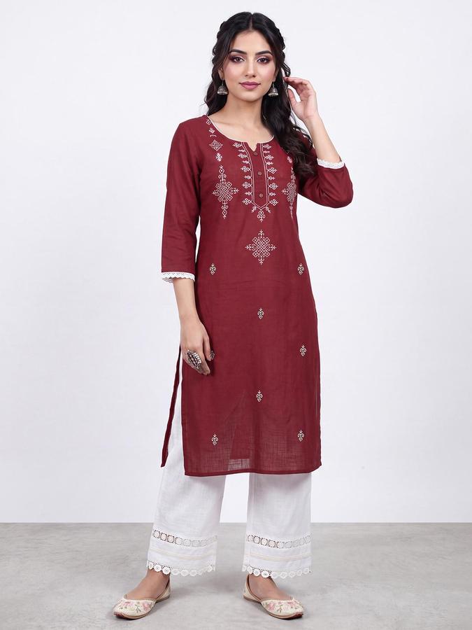 R&B Women Maroon Geometric Embriodery Round Neck Three-Quarter Sleeves Straight Kurta