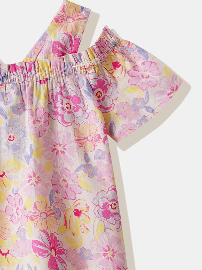 Girls Cotton Regular Fit Scoop Neck Short Sleeve Floral Top