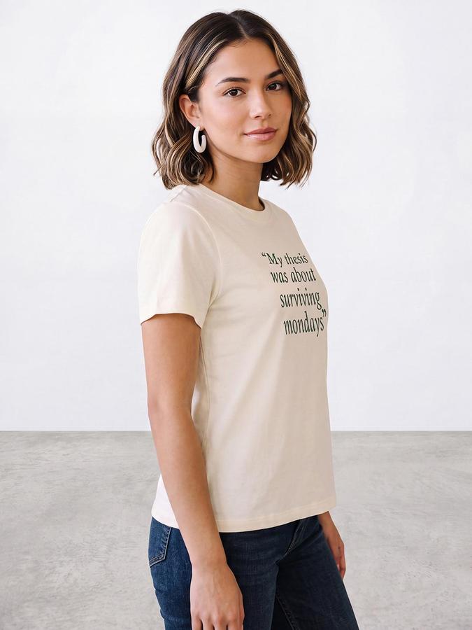 R&B Women Yellow Short Sleeve Round Neck Typography Graphic Print T-Shirt