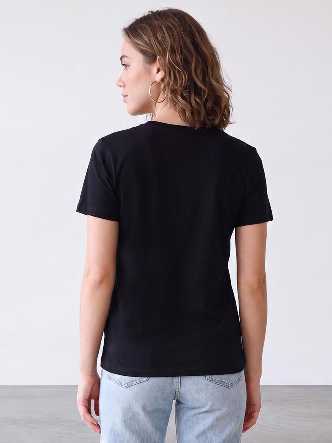 R&B Women Black Metallic Sliver Heart Graphic Print Pure Cotton Round Neck T-Shirt