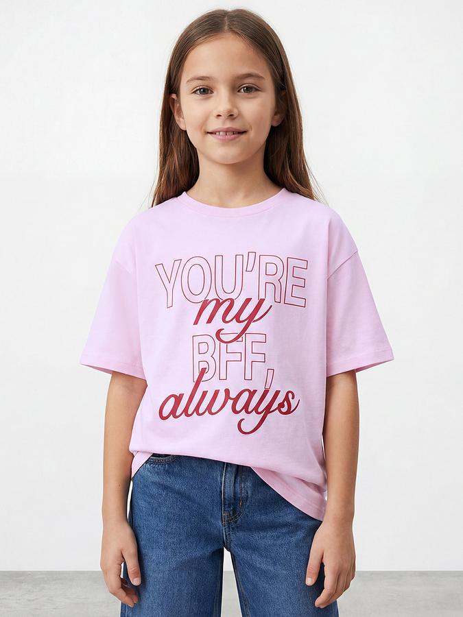 R&B Girls Pink Regular Fit Typography Short Sleeve T-shirt