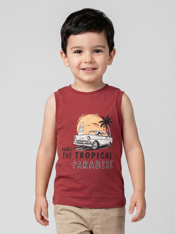 R&B Red Graphic Print Boys Round Neck Regular Fit Sleeveless T-Shirt 