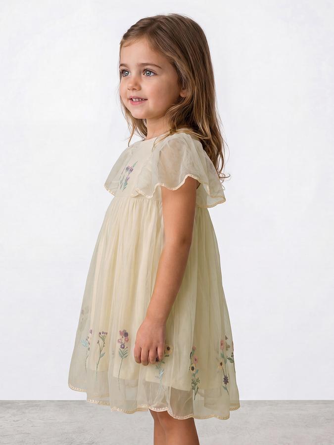 R&B Girl White Embroidery Floral Flutter Sleeves A-Line Dress