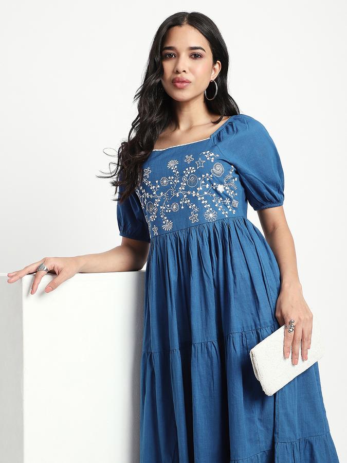 Women Cotton A-Line Midi Embroidered Dress