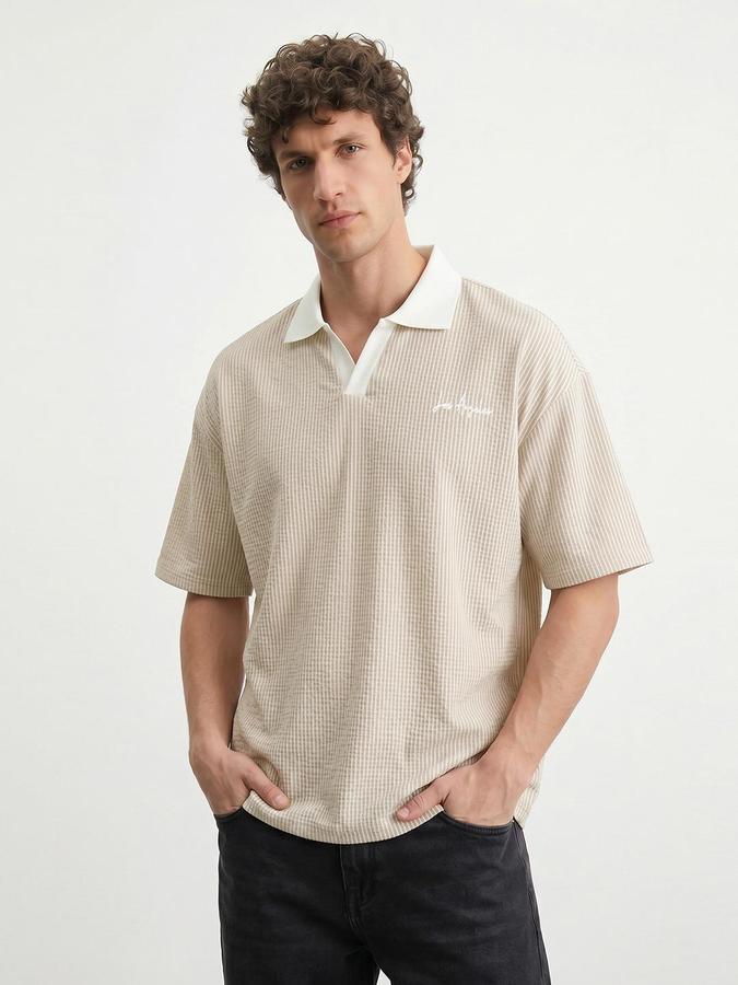 R&B Beige Men Striped Short Sleeves Tshirt
