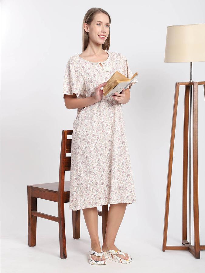 Women Cotton Regular Fit Round Neck Printed Night Shirt