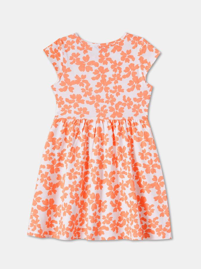 Girls Floral Print Short Sleeves Round Neck Knee Length Dress