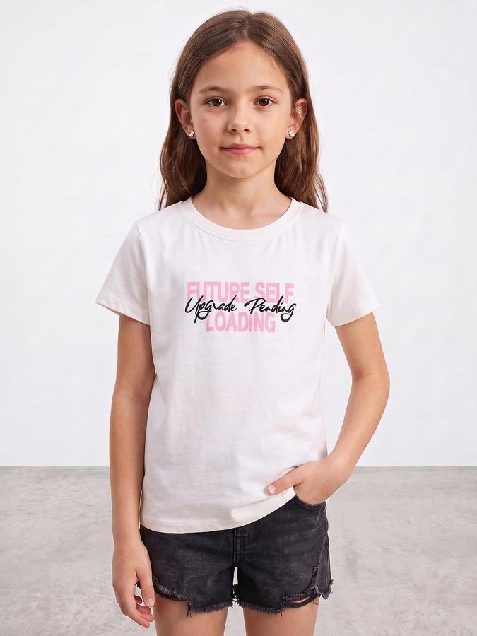 R&B Girls Snow White Typography Print Short Sleeves Round Neck Pure Cotton T-Shirt