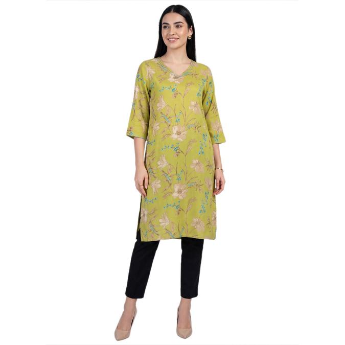 R&B Yellow Women V-Neck Three-Quarter Sleeves Kurta 