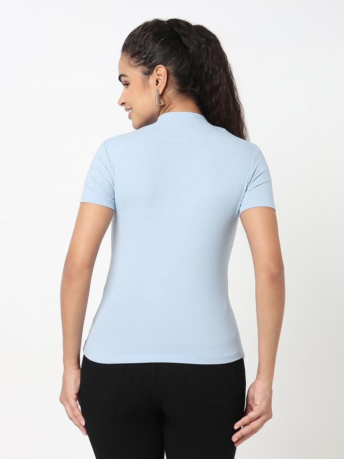 R&B Women Powder Blue Solid Ribbed Top