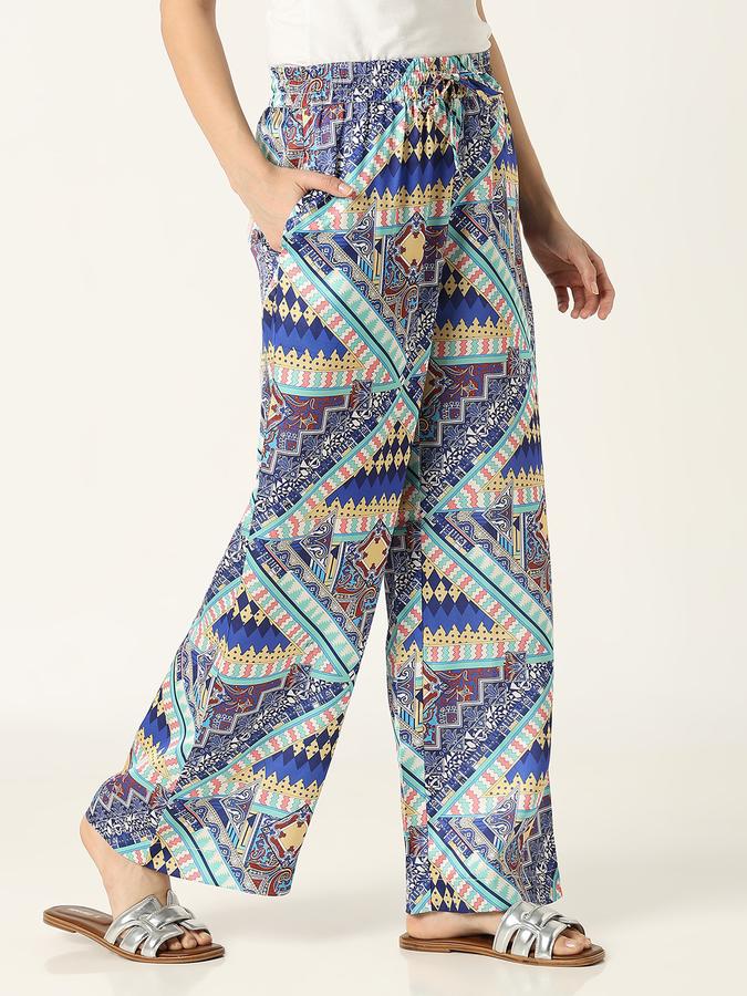 R&B Women Blue Geometric Print Wide-Leg Palazzo Trousers