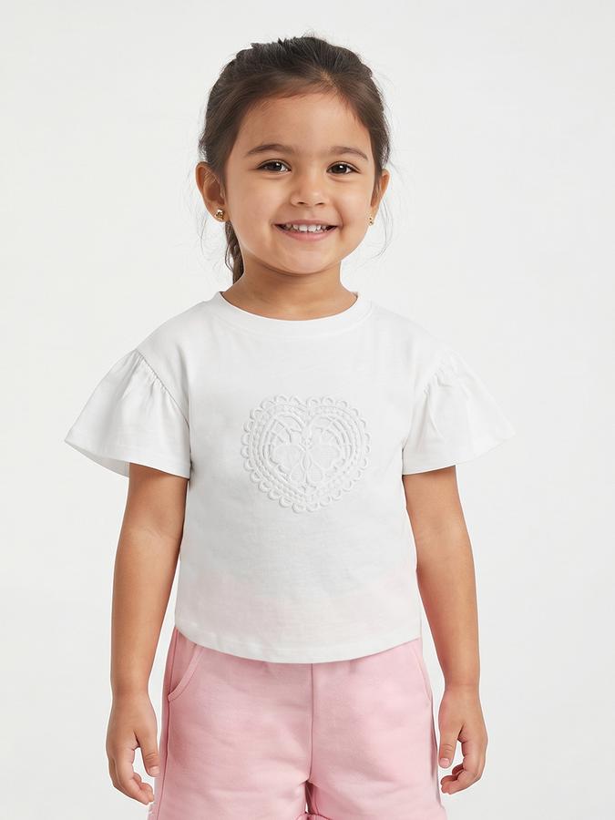 R&B Girls White Regular Fit Self Design Short Sleeve T-shirt