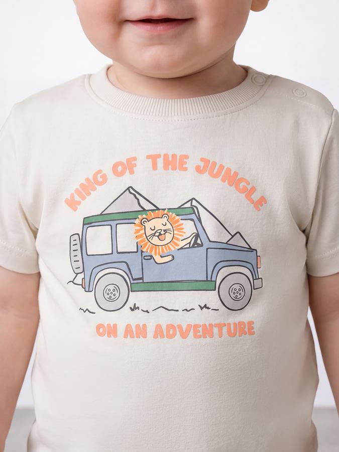 R&B Boys Beige Short sleeve Round Neck Little Exlplorers Typography Graphics Soft Touch Pure Cotton T-Shirt