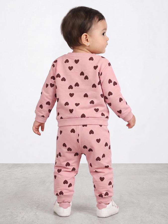 R&B Girls Peach All Over Heart Print Sweatshirt and Pant Night Suit