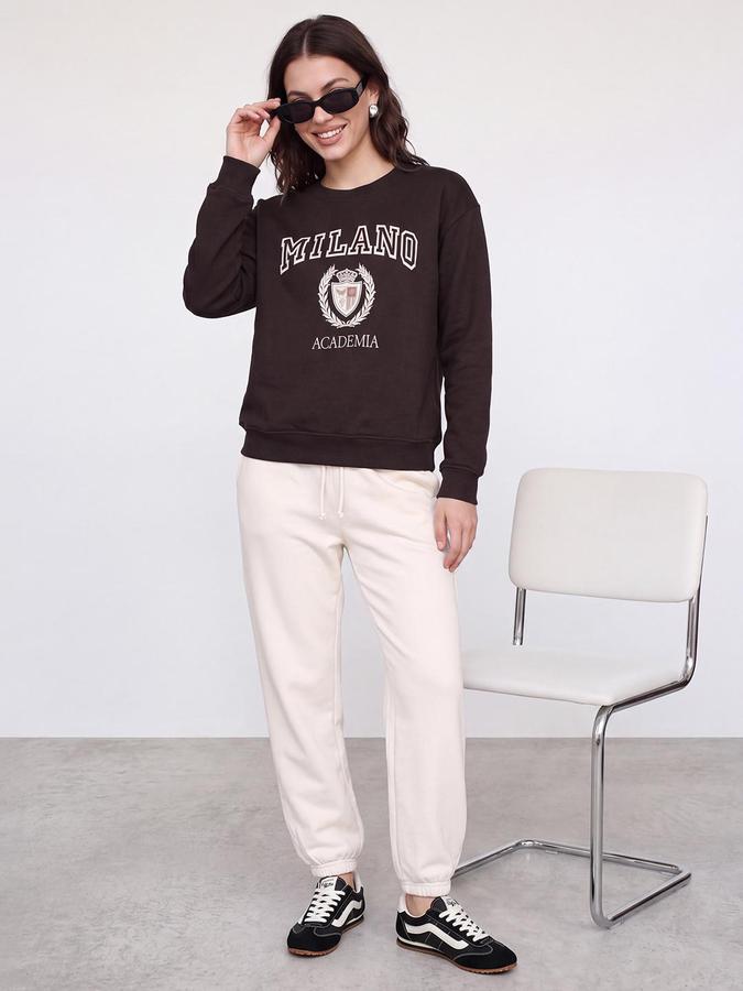 R&B Women Coffee Graphic Print Round Neck Long Sleeves Sweatshirt