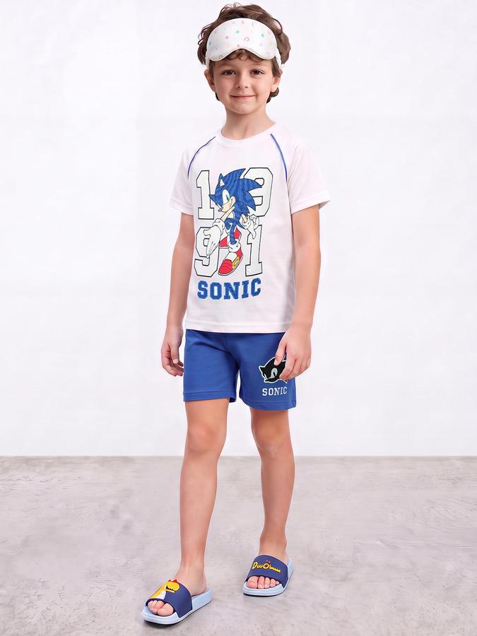 R&B Boys White & Blue Pure Cotton Sonic Print T-Shirt & Shorts Night Suit