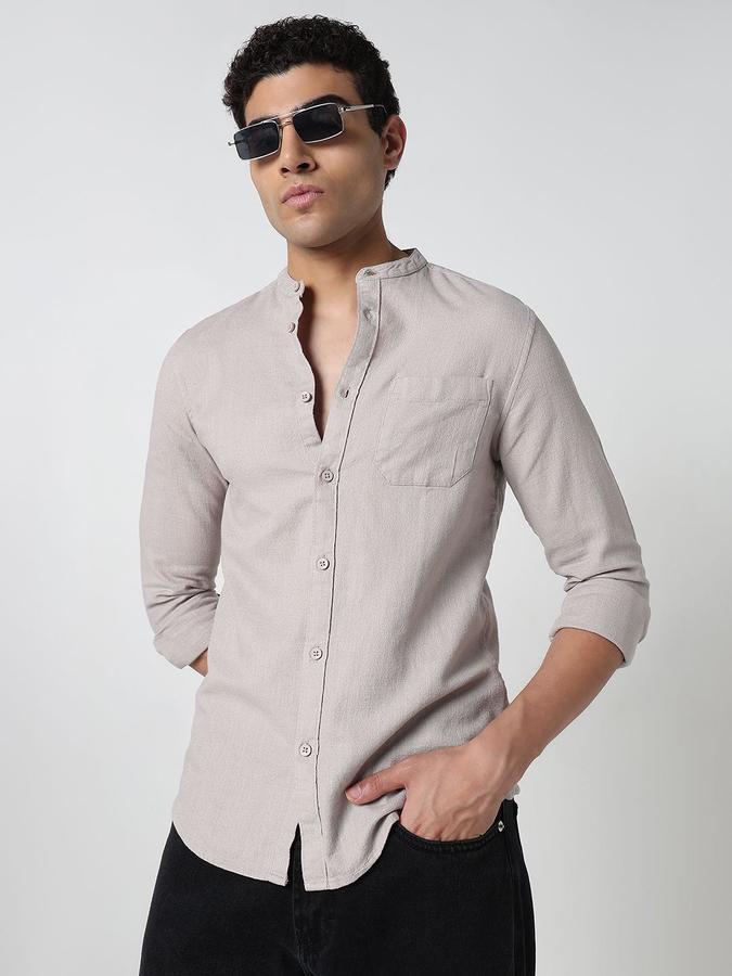 R&B Men Grey Solid Long Sleeves Mandarin Collar Slim Fit Shirt