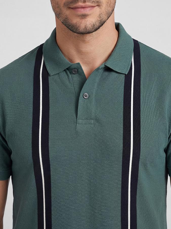 R&B Green Striped Men Polo Collar Regular Fit Short Sleeves T-Shirt 