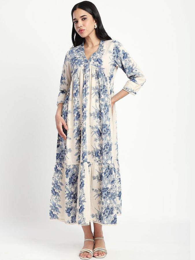 R&B Women Off White Floral Three-Quarter Sleeves V-Neck Midi A-Line Ethnic Dress