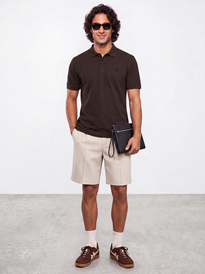 R&B Men Brown Solid Short Sleeves Pure Cotton Polo Collar Tshirt