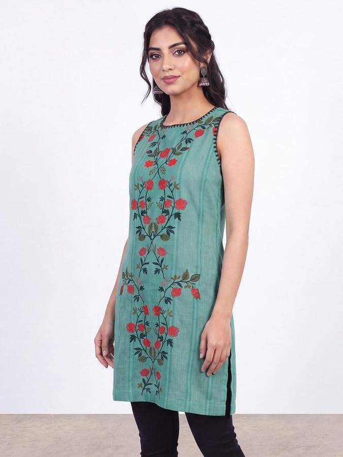 R&B Women Green Floral Embroidered Round Neck Sleeveless Ethnic Tunics