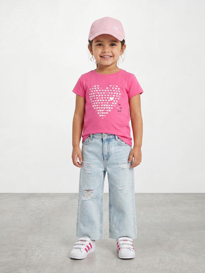 R&B Girls Pink Regular Fit Butterfly Print Short Sleeve T-shirt