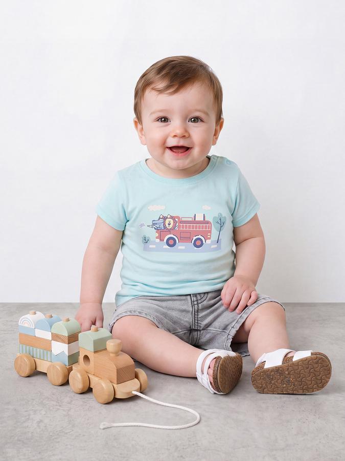 R&B Boys Turquoise Blue Graphic Printed  Short Sleeves Pure Cotton T-shirt