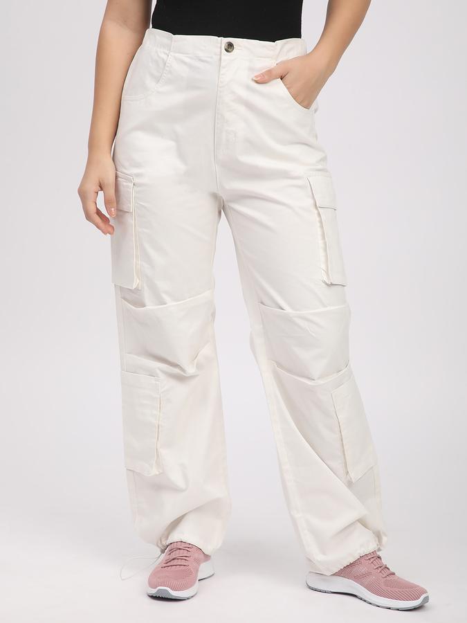 R&B Women Ivory Solid Cargo Trousers