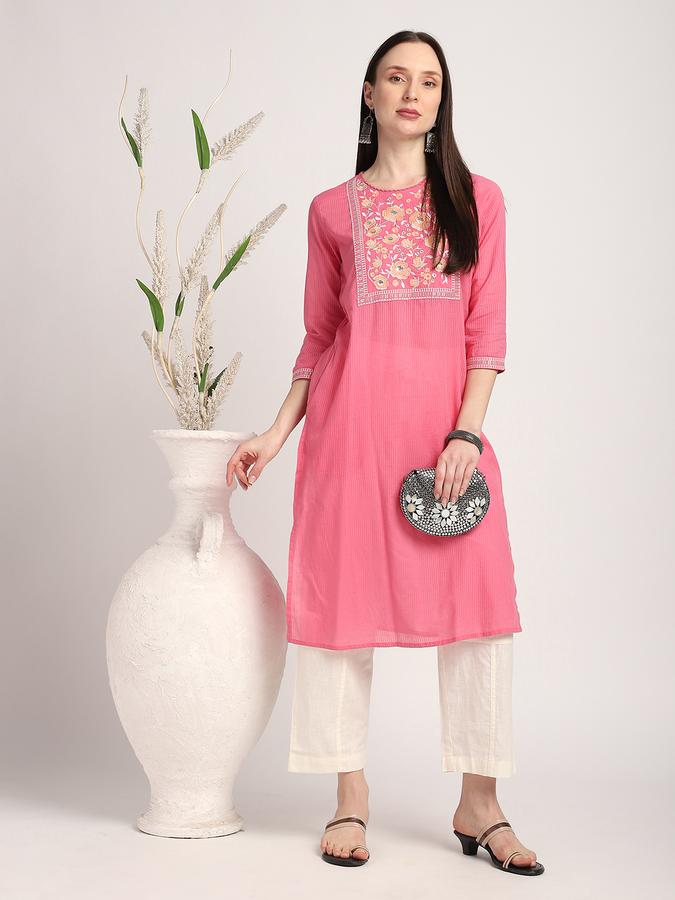 Women Cotton Regular Fit Round Neck Embroidered Kurta