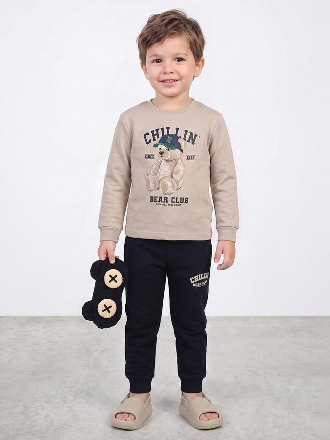 R&B Boys Beige Teddy Bear Print Round Neck Sweatshirt and Joggers Lounge Set