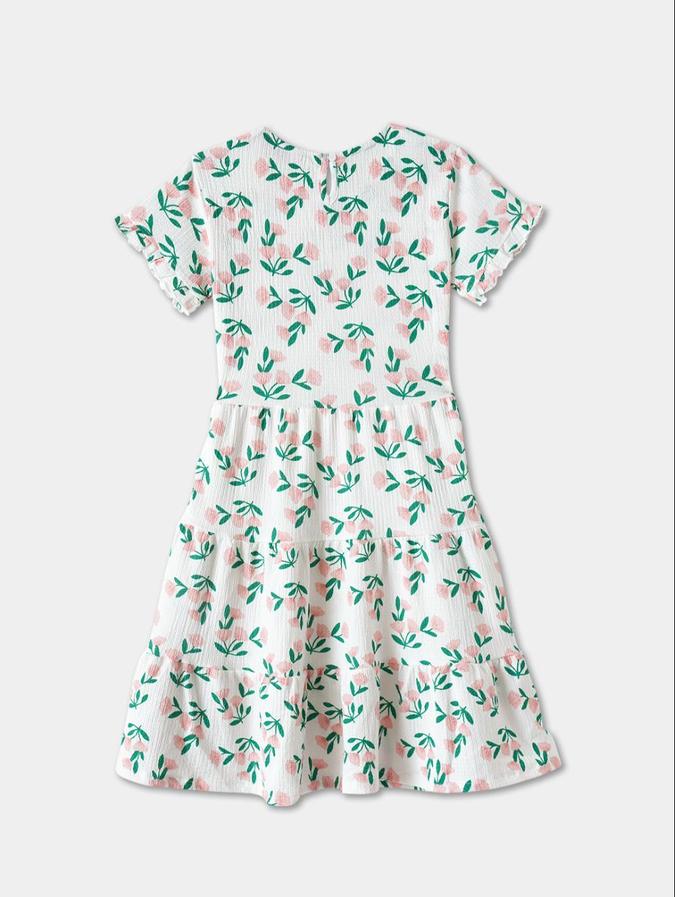 R&B White Floral Printed Girls Short Sleeves Dress