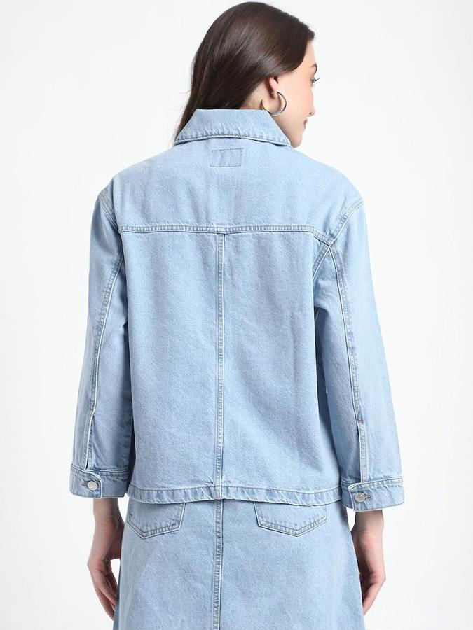 R&B Women Light Blue Long Sleeves Solid Shirt Collar Denim Jacket