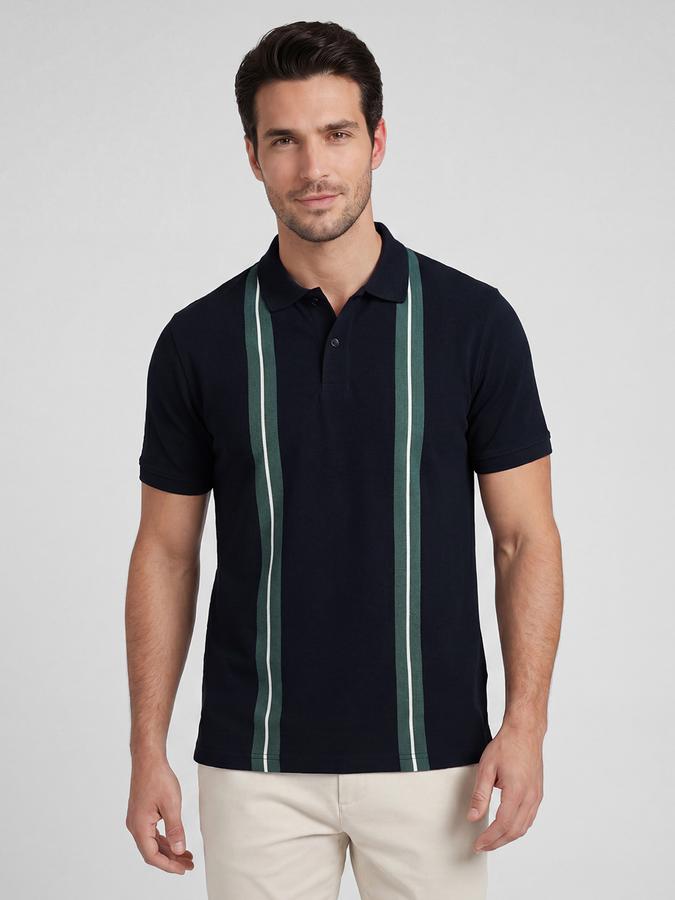 R&B Navy Blue Striped Men Polo Collar Regular Fit Short Sleeves T-Shirt 