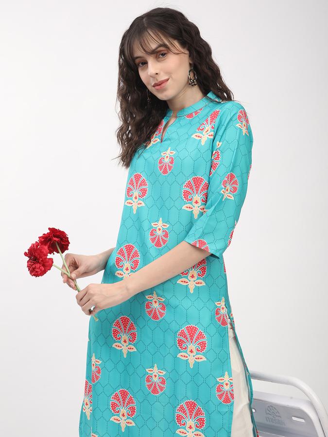 Women's regular fit casual teal floral butta printed kurta with 3/4th sleeves 