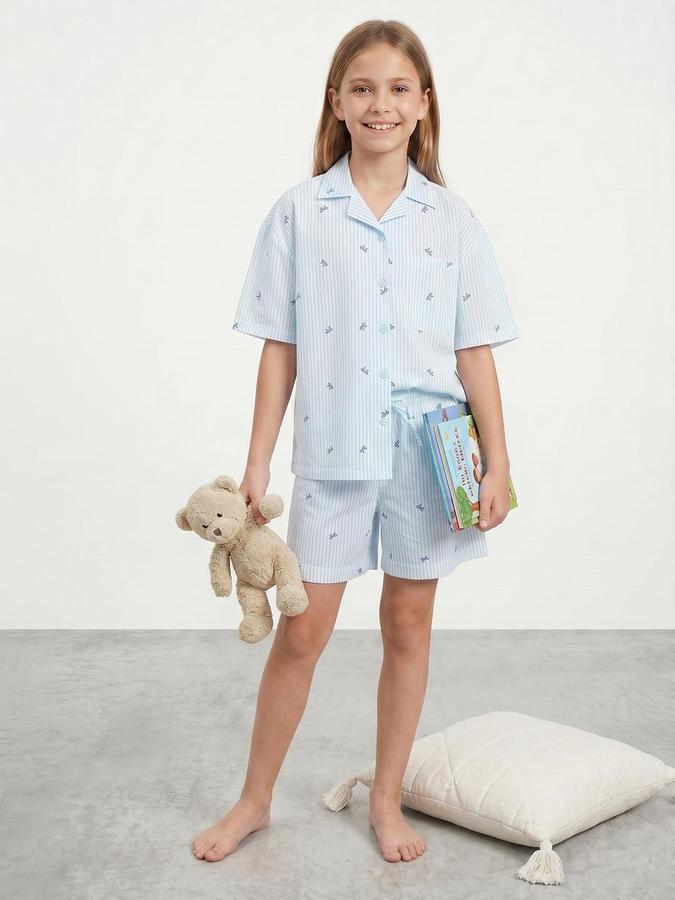 R&B Girls Blue Striped Shirt Collar Short Sleeves Pure Cotton Shirt &amp; Shorts Set