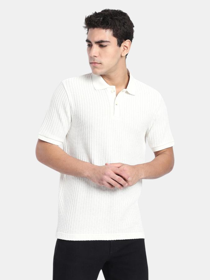 R&B Cream Textured Men Short Sleeve Polo T-shirt