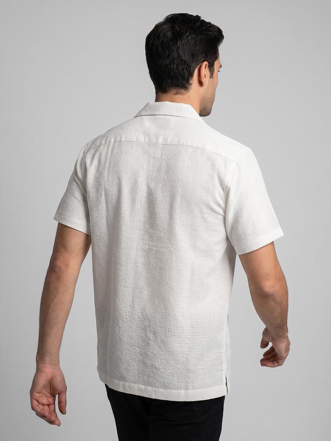R&B Ivory Textured Men Cuban Collar Short Sleeves Shirt